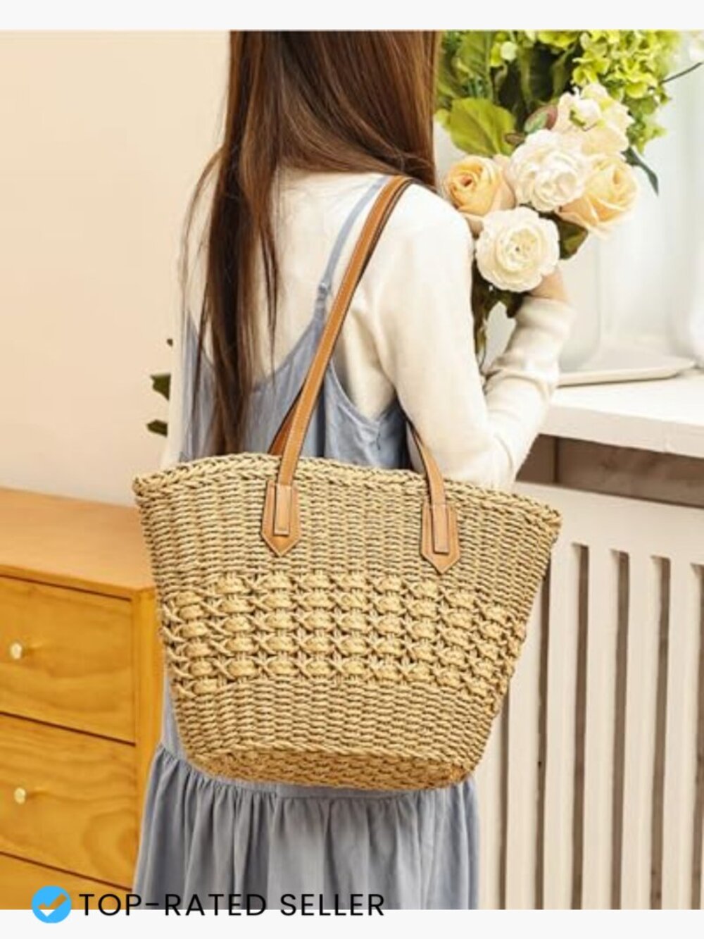 Handmade Straw Tote Bag Large Woven Summer Purse Bohemian Shoulder Bag Zipper - Picture 3 of 7